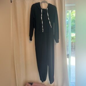 Black Hooded Jumpsuit with White Drawstrings